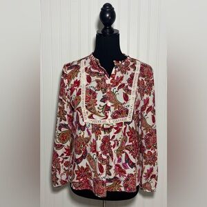 Loft Outlet Peasant Blouse Lace Trim Paisley Womens Size SP Petite Flowy Boho